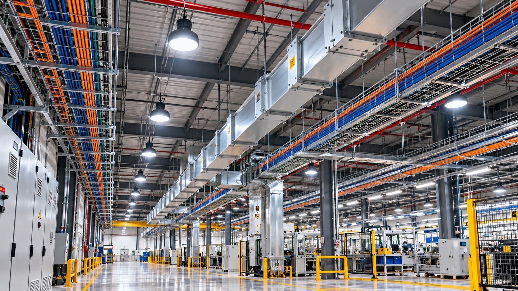 Industrial plant floor with overhead cable trays, busways and control panels